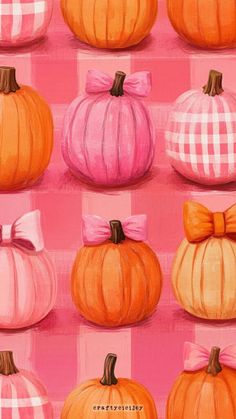 a painting of pumpkins with bows and gingham checkerboard in the background