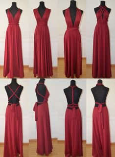 six different views of dresses on mannequins, all in red and black