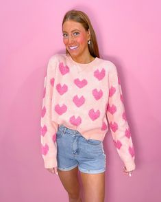 Color: Light + Hot Pink Sizing: true to size Fuzzy Heart Detail Boxy + Oversized Fit Model is 5'8 wearing a Small Pink Fuzzy Pull Over, Light Hot Pink, Preppy Clothing, Hot Pink Sweater, Pink Pullover Sweater, Space Cowgirl, Heart Breaker, Pink Pullover, Heart Sweater