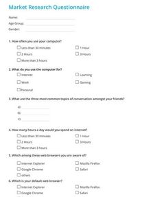 a question sheet for the market research question