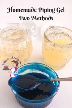 homemade piping gel two method in a blue bowl with spoon and jar next to it