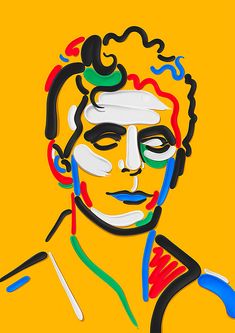 a drawing of a man's face on a yellow background