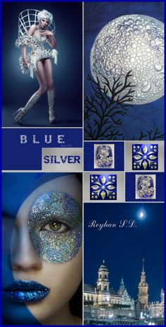 a collage of photos with blue and silver