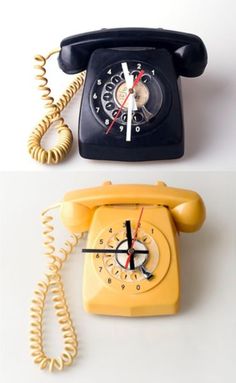 an old fashioned telephone is shown in two different images, one yellow and the other black