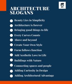 the architecture slogan is displayed on an orange and blue background with white text that reads,'architecture slogans beauty lies in simplity architecture is forever