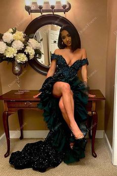 Emerald Sequin Off-shoulder Ruffle Slit Tailor Made Prom Dress #promdress #cocktaildress 2022 Prom Dress, 8th Grade Prom Dresses, Emerald Green Prom Dress, Prom Photoshoot