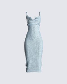 The star of the show ✨ Spread the sparkle in this blue shimmer, cowl-neck midi dress - queen vibes only 👑 Blue Birthday Dress, Blue Sparkle Dress, Outfits Dr, Dress Queen, Sparkle Outfit, Y2k Dresses, Shimmer Dress, Queen Dress, Dress Gloves