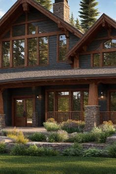 Rustic cabin with large windows, wooden beams, and a stone porch surrounded by lush greenery. Modern Rustic Craftsman, Rustic Modern Cabin Exterior, Lake Cabin Exterior Colors, Mountain Chalet Exterior, Dark Mountain House, Wood Siding House Exterior, Rustic Mountain Home Exterior, Modern Mountain Home Plans, Small Mountain House Plans