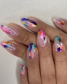 80 Worth Copying Summer Nail Designs for 2022 - MorningKo Patterned Gel Nails, Nail Inspiration Abstract, Festival Of The Arts Nails, Abstract Colorful Nails, Passionfruit Nails, Mexican Print Nails, Spring Summer Nails, Nails Inspiration Colorful, Fashion Nails Classy