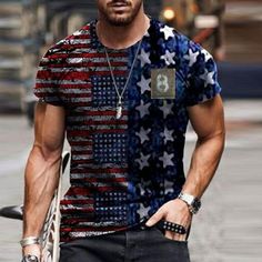 jsaierl 4th of July Shirts Men Patriotic American Flag Print Tees Summer Casual Crewneck Top Plus Size Short Sleeve T Shirt  Celebrate Independence Day in style with our men's 4th of July t-shirts. Made from high-quality cotton, these shirts are comfortable and breathable, perfect for outdoor gatherings and barbecues.  Our men's 4th of July t-shirts feature bold designs that are sure to make a statement. Choose from a variety of patriotic prints and slogans, including the American flag, eagles, Mens Outerwear Jacket, Prints Design, Striped Short Sleeve Shirt, Mens Shoes Boots, Blazers For Men, Ladies Tops Fashion, Men's Style, Oversized Tshirt, 3d Print