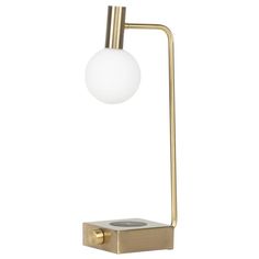 the brass table lamp with a white ball on it's arm and a gold base