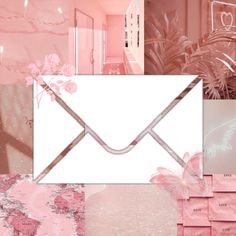 an envelope with pink flowers on it is surrounded by images of plants and other things