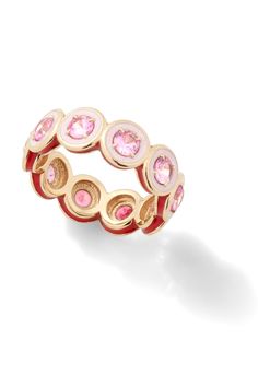 Make a statement day or night. This ring adds the perfect amount of sparkle to any occasion. Customize with your choice of round-shaped lab-created gemstone with matching two-tone colored enamel. Round Pink Gold Diamond Ring, Elegant Diamond Ring With Enamel, Pink Gold Round Diamond Ring, Formal Round Enamel Diamond Ring, Stackable Round Enamel Ring For Anniversary, White Gold Enamel Round Rings, Pink Gold Rings With Halo Setting, Pink Gold Halo Setting Ring, Pink Gold Fine Jewelry Round Ring