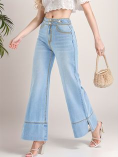 Women's High Waist Baggy Jeans - Double Button, High Stretch Wide Leg Denim Pants Casual Baggy Jeans, High Waist Baggy Jeans, Wide Legs Jeans, Wide Leg Denim Pants, Women's Denim Jeans, Women Denim Jeans, Wide Legs, Wide Leg Denim, Baggy Jeans