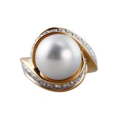 An 18 karat yellow gold and platinum ring set with a 13.1mm South Sea pearl, and approximately 1.34ctw of G.VS diamonds. Retail is $24,100. DESIGNER: Assael MATERIAL: 18k Yellow Gold / Platinum GEMSTONES: Pearl, Diamond DIMENSIONS: Ring size 6.5, Top is 18mm wide. MARKED/TESTED: 750, Cummings, Assael, PT950 WEIGHT: 20 grams CONDITION: Previously Owned / Excellent Condition Fine Jewelry Akoya Pearl Diamond Ring With Accents, Akoya Pearl Diamond Ring With Diamond Accents, Diamond White Brilliant Cut Akoya Pearl Ring, Diamond White Akoya Pearl Ring With Brilliant Cut, Timeless Pearl Ring With Diamond Accents, Elegant Round Cut Diamond Ring With 17 Jewels, White Akoya Pearl Diamond Ring With Brilliant Cut, Fine Jewelry Akoya Pearl Rings With Brilliant Cut, White Diamond Ring With Diamond Accents