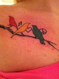 two birds sitting on a tree branch with music notes in the background and hearts around them