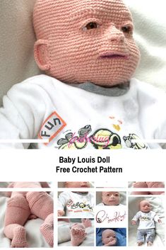 the baby doll is crocheted in pink and has many pictures of it's face