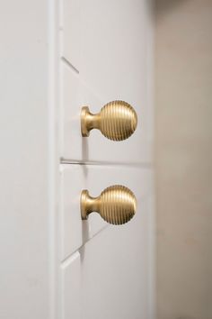 two brass handles on white cabinet doors