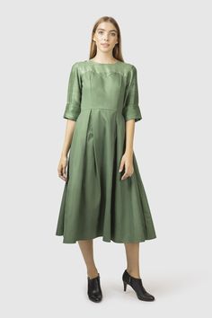 Influenced by the endless expanse of forest and the mind clouded by color green, this fit and flare dress is tailored in a beautiful green tone.   Fabric: Shell: 100% wool, hand weaved in India Lining: 100% cotton Wedding Outfits For Women, Green Tone, Cotton Midi Dress, Long Black Dress, Wedding Outfits, Silk Skirt, Printed Midi Dress, Raw Silk, Wedding Guest Outfit