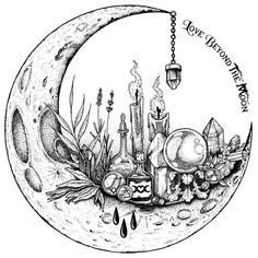 a drawing of the moon with candles, flowers and other things on it's surface