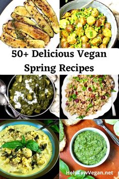 the top 50 delicious vegan spring recipes are featured in this collage with text overlay