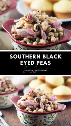 two bowls filled with black eyed peas and ham