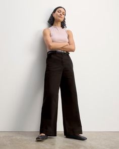 The Phoebe Trouser Black – Everlane Chic Wide Leg Cotton Pants For Work, Everyday Cotton Wide Leg Pants For Fall, Classic High Rise Wide Leg Cotton Pants, Classic Cotton Wide Leg Pants, Chic Relaxed Fit Cotton Wide Leg Pants, Chic Cotton Wide Leg Pants For Business Casual, Chic Cotton Wide Leg Pants With Relaxed Fit, Versatile Cotton Wide Leg Pants For Fall, Casual High Rise Wide Leg Pants For Work