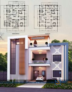 two story house plan with floor plans and elevation details