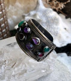 Beautiful Muiltistone Amethyst Green Stone Sterling Silver Vintage Cuff Bracelet weighs 49 grams Vintage Gemstone Cuff Bracelet Bangle, Adjustable Vintage Gemstone Cuff Bracelet, Silver Amethyst Gemstone Cuff Bracelet, Hand-strung Amethyst Bracelets In Bohemian Style, Hand-strung Amethyst Bohemian Bracelets, Vintage Cuff Bracelet, Usa Jewelry, Handcrafted Necklace, Green Stone