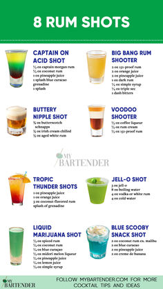 Rum Shots Fun Bar Shots, Mixed Drink Shots, Drinks Alcohol Recipes Whiskey, Rum Mixed Drinks Recipes, Shots Alcohol Recipes Easy, Malibu Rum Shots Recipes, Drinks Alcohol Recipes Rum, Mixed Shots Recipes, Rum Shots Recipes