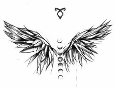 an artistic tattoo design with wings and phases