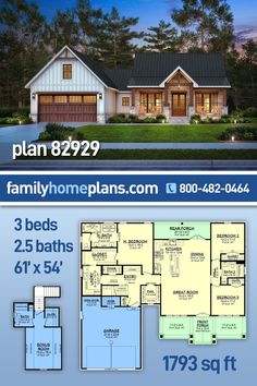 two story house plan with 3 beds, 2 bathrooms and an attached garage for $ 599 sq ft