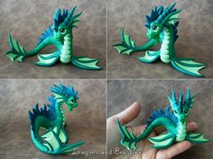 four pictures of a green and blue toy dragon sitting on top of someone's hand