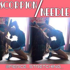 a woman sitting in front of a mirror with her hands on her head and the caption scorpion needle