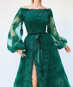 Gown - Teuta Matoshi Duriqi Evening Gown With Floral Embroidery In Green, Green Fitted Long Sleeve Evening Dress, Green Fitted Evening Dress With Floral Embroidery, Green Floral Embroidered Evening Gown, Fitted Green Evening Dress With Floral Embroidery, Elegant Green Gown With Floral Embroidery, Elegant Green Evening Dress With Floral Embroidery, Green Long Sleeve Dress For Banquet, Green Long Sleeve Prom Gown