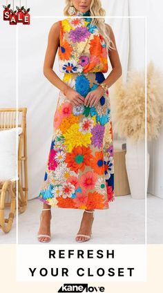 Land Of Beauty Floral Print Halter Neck Elastic Waist Party Maxi Dress Bohemian Midi Dress With Vibrant Print For Party, Printed Maxi Dress For Spring Holiday, Spring Holiday Printed Maxi Dress, Multicolor Print Midi Party Dress, Multicolor Print Midi Dress For Party, Sleeveless Multicolor Print Party Dress, Multicolor Print Midi Dress For Summer Party, Colorful Midi Length Party Dress, Casual Vibrant Print Dresses For Party