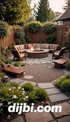 a fire pit in the middle of a garden