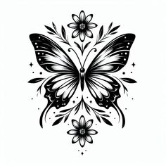 a black and white drawing of a butterfly with flowers on it's back side