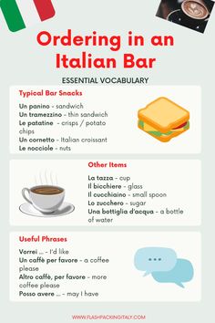 an italian menu with different types of food and drinks on the side, including coffee