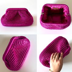 three pictures of the inside of a pink purse