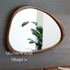 a mirror that is on the side of a wall next to a couch and a potted plant