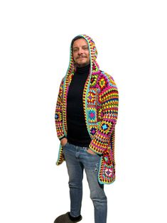 Multicolor Crochet Sweater Coat For Winter, Multicolor Granny Square Cardigan For Winter, Colorful Knitted Outerwear For Winter, Colorful Knitted Winter Cardigan, Colorful Crochet Outerwear For Winter, Colorful Granny Square Sweater For Winter, Spring Multicolor Crochet Sweater Coat, Colorful Granny Square Winter Cardigan, Colorful Granny Square Cardigan For Winter