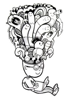 a black and white drawing of a vase filled with lots of different things in it