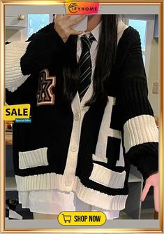 Women's Cardigan Sweater Jumper Waffle Knit Hollow Out Button Letter V Neck Casual Daily Weekend Winter Fall Black White One-size Black Fall Sweater For College, Black Knitted Button-up Sweater, Preppy College Sweater For Winter, Cheap Cardigans, Button Fashion, Winter Jumpers, Loose Cardigan, Knitted Coat, Cardigan Sweaters For Women