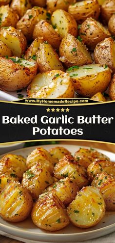 baked garlic butter potatoes on a white plate