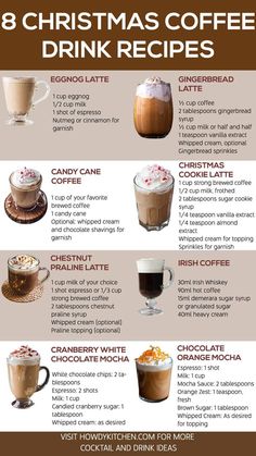 A festive lineup of eight Christmas coffee drinks, including Eggnog Latte, Gingerbread Latte, and Candy Cane Coffee, perfect for bringing holiday cheer to your morning brew. Peppermint Coffee Recipe, Holiday Coffee Drinks, Hot Cocoa Bars, Diy Coffee Drinks, Eggnog Coffee, Warm Drinks Recipes, Homemade Coffee Drinks, Nespresso Recipes, Espresso Recipes