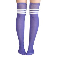 Purple Thigh High Socks With 3 White Stripes At The Top. Made In Usa Size: Women's 7-11 Material: 80% Cotton, 20% Nylon & Elastic Length: 32" - 34" Before Stretched Casual Stretch Hosiery For School, Trendy Stretch Stockings For School, Sporty Stretch Stockings, Casual Knee-high School Legwear, Casual Thigh High Legwear For School, Stretch Thigh High Hosiery For School, Casual Thigh-high Legwear For School, Stretch Knee-high Hosiery For School, Sporty Stretch Knee-high Hosiery