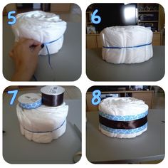 instructions for how to make a diaper cake with white and brown ribbon on top