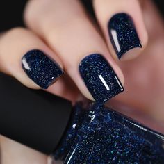 You Up? is a stunning deep navy-blue holographic nail polish. Loaded with holographic micro-flakes ranging in size, You Up? beautifully pairs a deep and creamy navy-blue base with vivid rainbow sparkles for a drool-worthy contrast! Prioritizing maximum color payoff without sacrificing endless depth, You Up? allows full visibility of its beaming holographic sparkle with each succeeding stroke. Max Coverage in 2-3 Coats Navy Blue Dress Nails Color Combos, Dark Glitter Blue Nails, Navy Blue With Glitter Nails, Navy Blue White And Silver Nails, Midnight Blue Nails Aesthetic, Blue Nails Colors, Navy Fingernails, Midnight Blue Nail Polish, Dark Blue With Glitter Nails