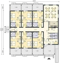 the floor plan for an office building with three floors and four desks on each level